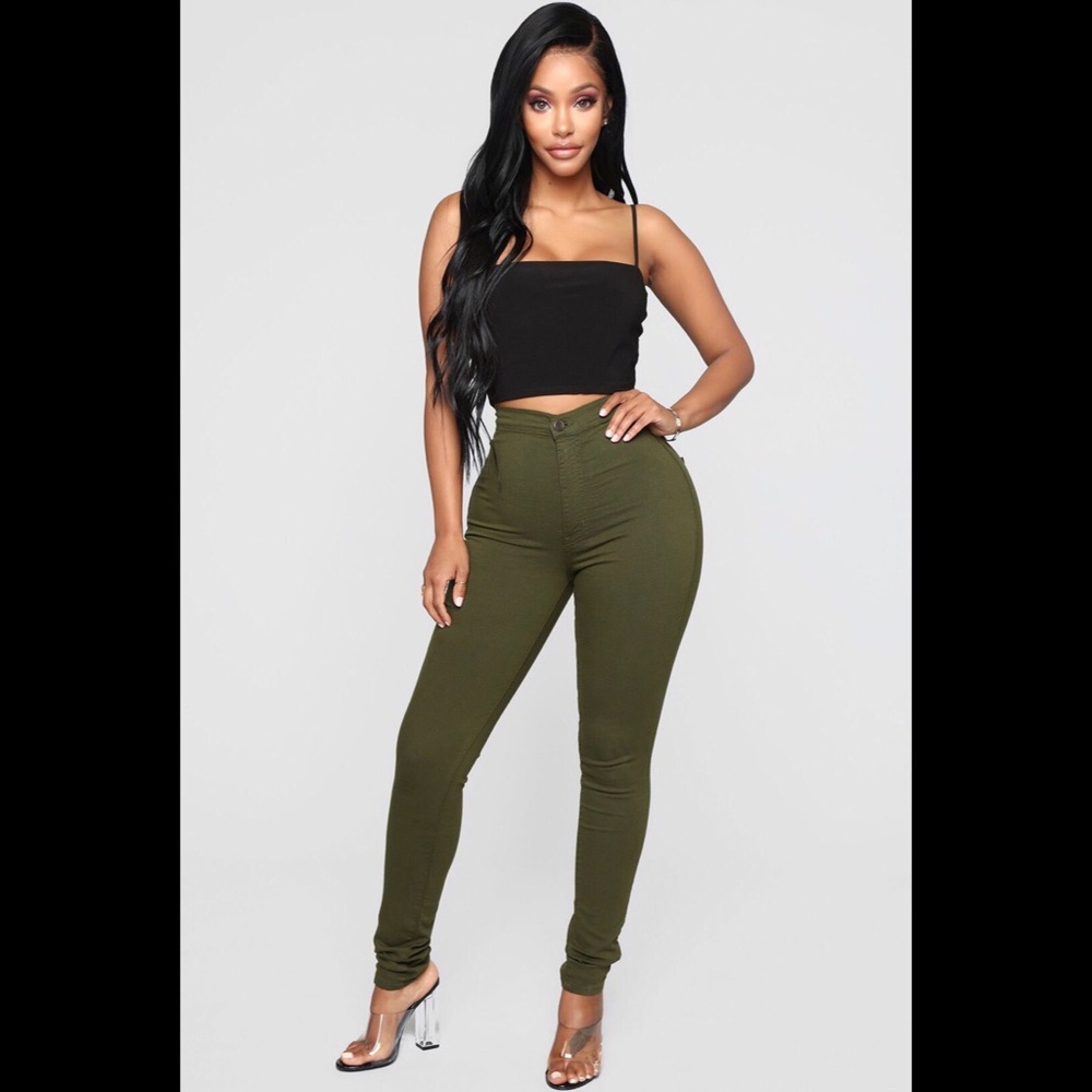 Fashion Nova High Waisted Denim Olive Green Jeans